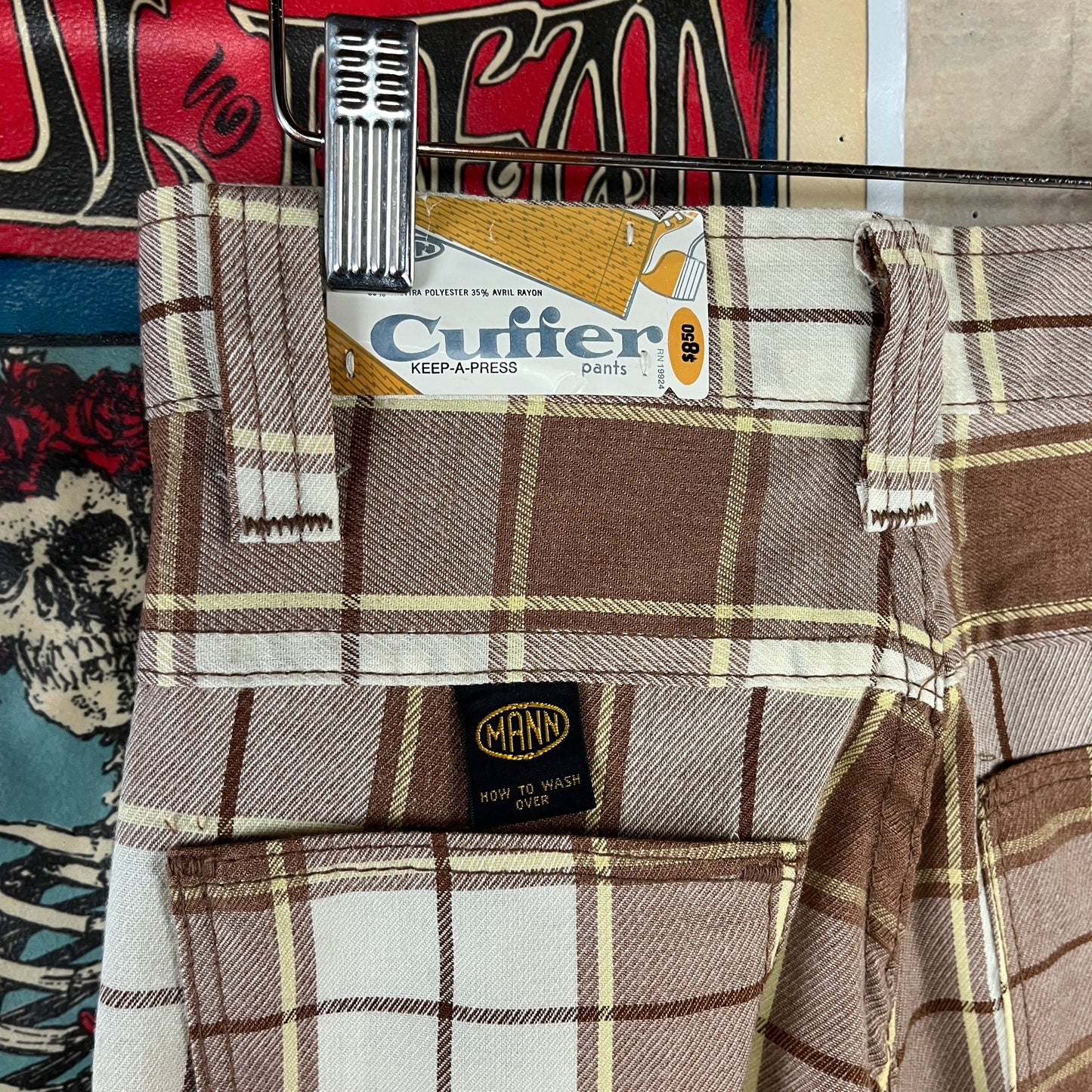 Vintage Kids 70s Brown Plaid Mann Cuffer Trouser Pants Size 12 Slim Age 9