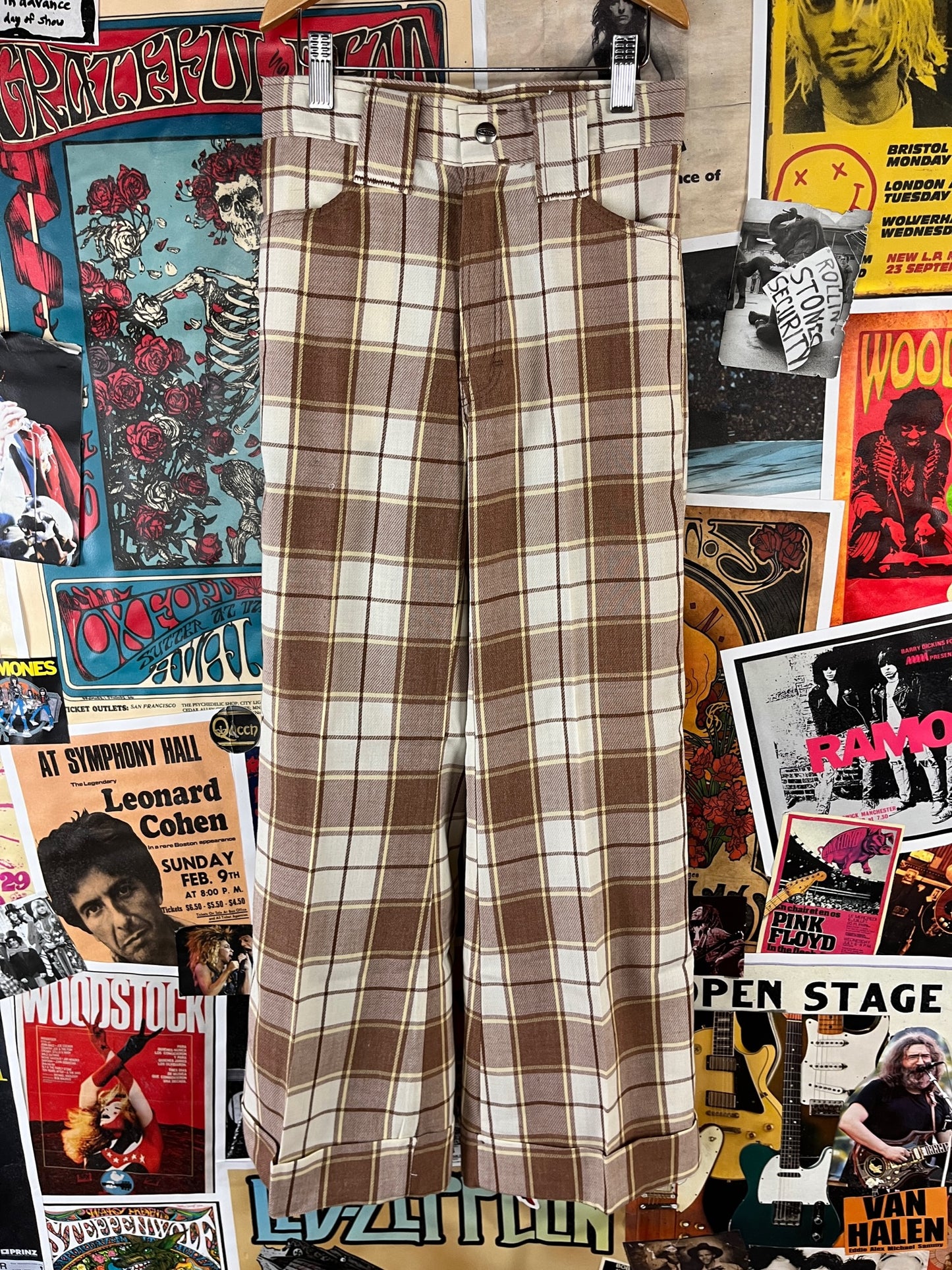 Vintage Kids 70s Brown Plaid Mann Cuffer Trouser Pants Size 12 Slim Age 9