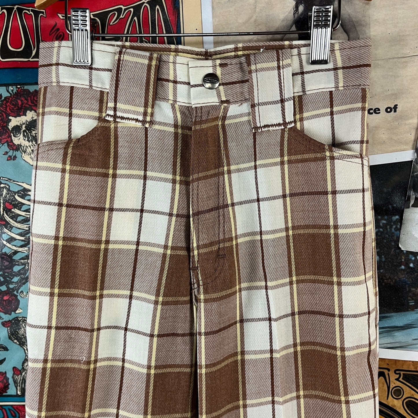 Vintage Kids 70s Brown Plaid Mann Cuffer Trouser Pants Size 12 Slim Age 9