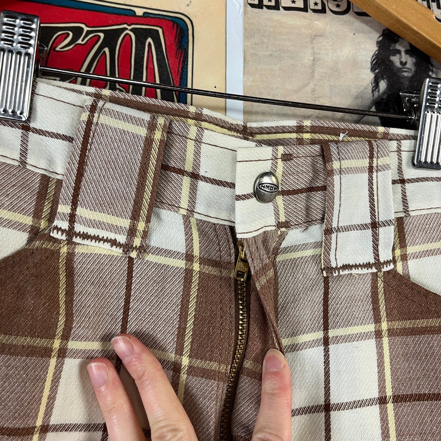 Vintage Kids 70s Brown Plaid Mann Cuffer Trouser Pants Size 12 Slim Age 9