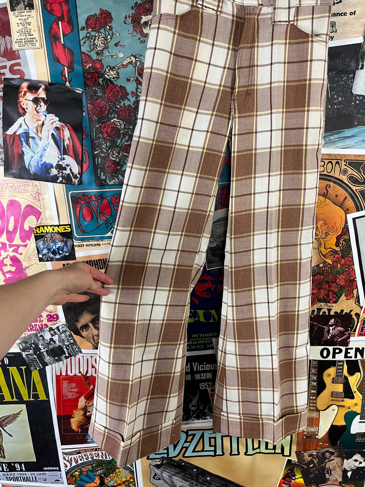 Vintage Kids 70s Brown Plaid Mann Cuffer Trouser Pants Size 12 Slim Age 9