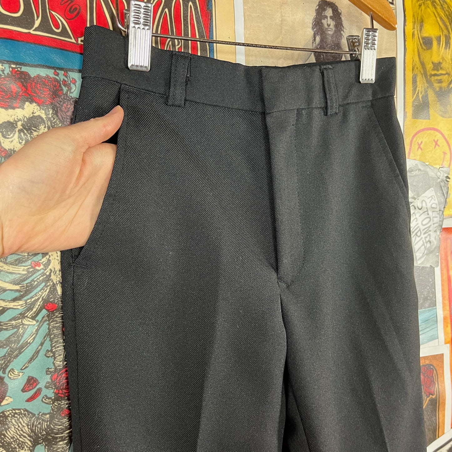 Vintage Kids Boys 70s-80s Black Woven Trouser Pants 10-12 Slim Ages 8-9