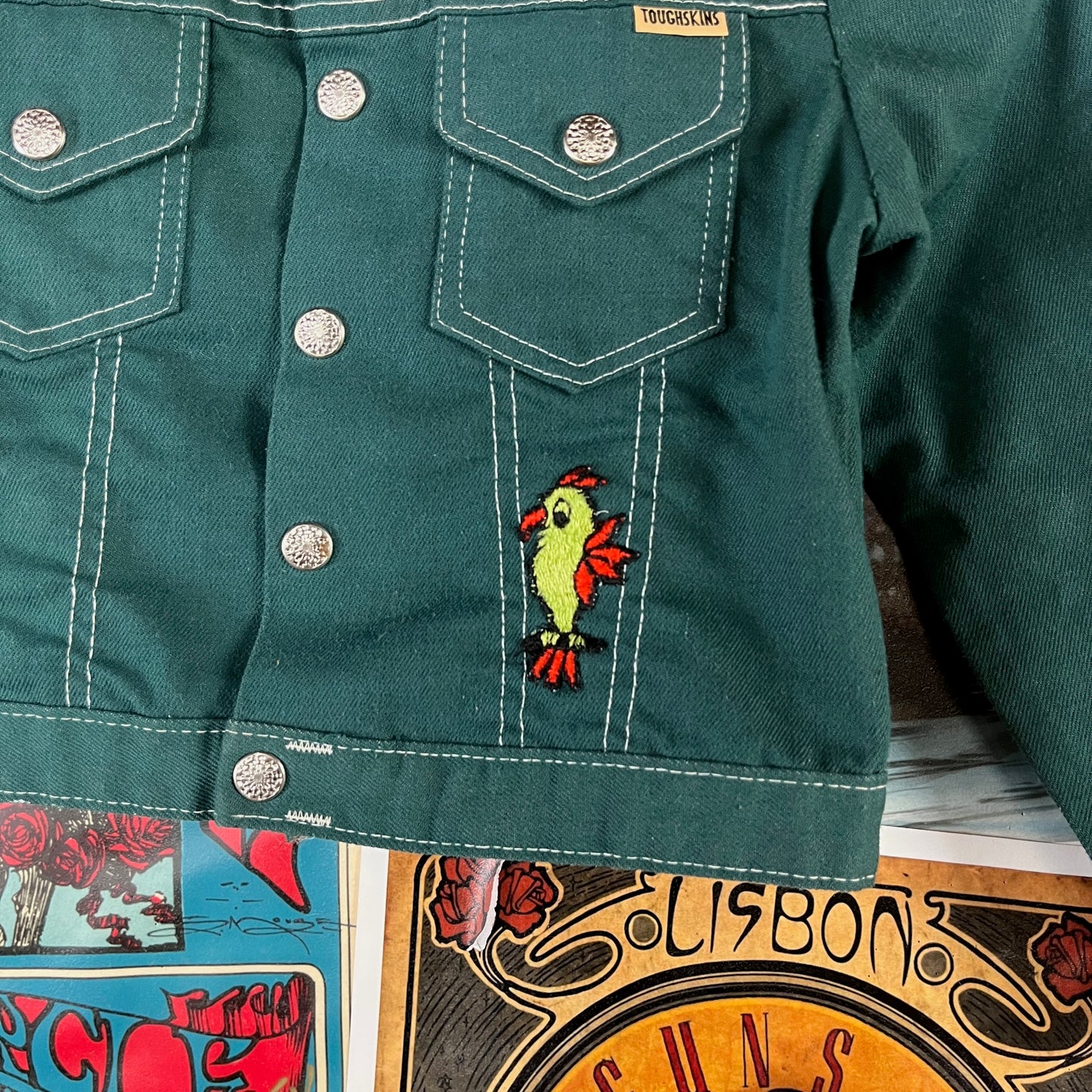 Vintage Kids 70s Green Patches Snap Sears Trucker Jacket Size 6 Ages 5-6