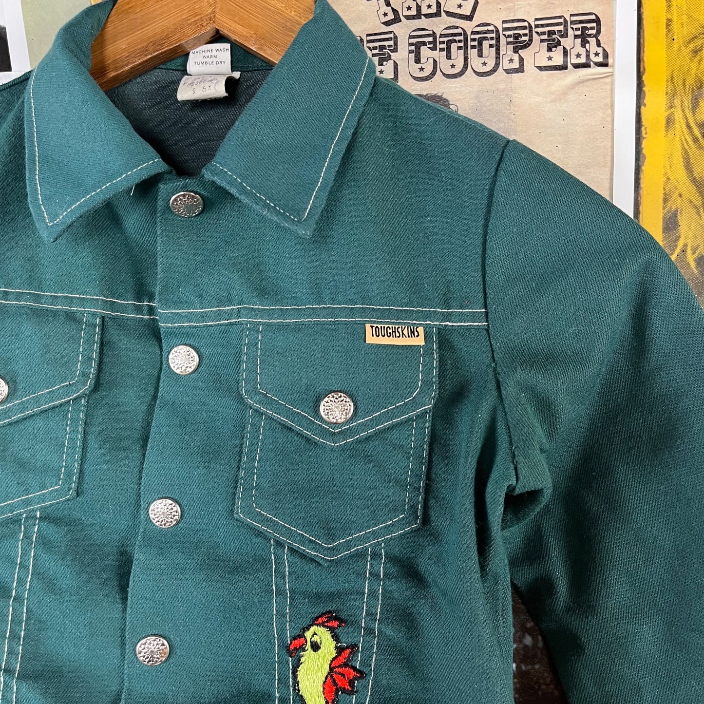 Vintage Kids 70s Green Patches Snap Sears Trucker Jacket Size 6 Ages 5-6