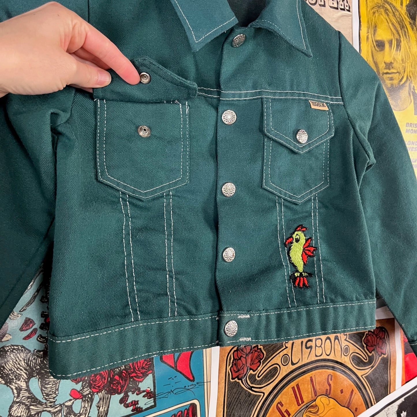 Vintage Kids 70s Green Patches Snap Sears Trucker Jacket Size 6 Ages 5-6