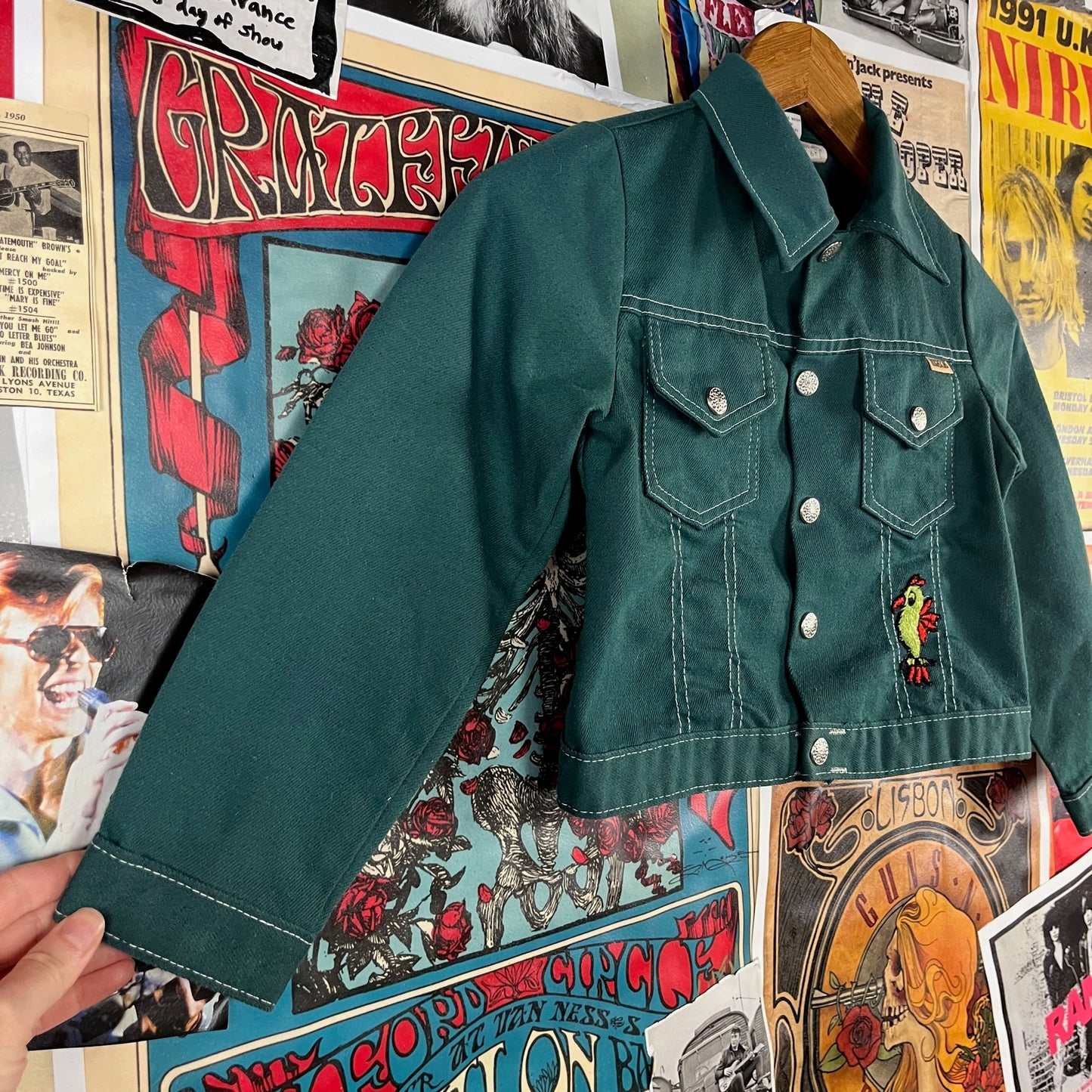 Vintage Kids 70s Green Patches Snap Sears Trucker Jacket Size 6 Ages 5-6