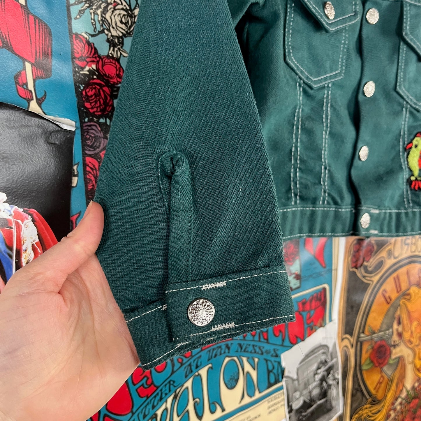 Vintage Kids 70s Green Patches Snap Sears Trucker Jacket Size 6 Ages 5-6