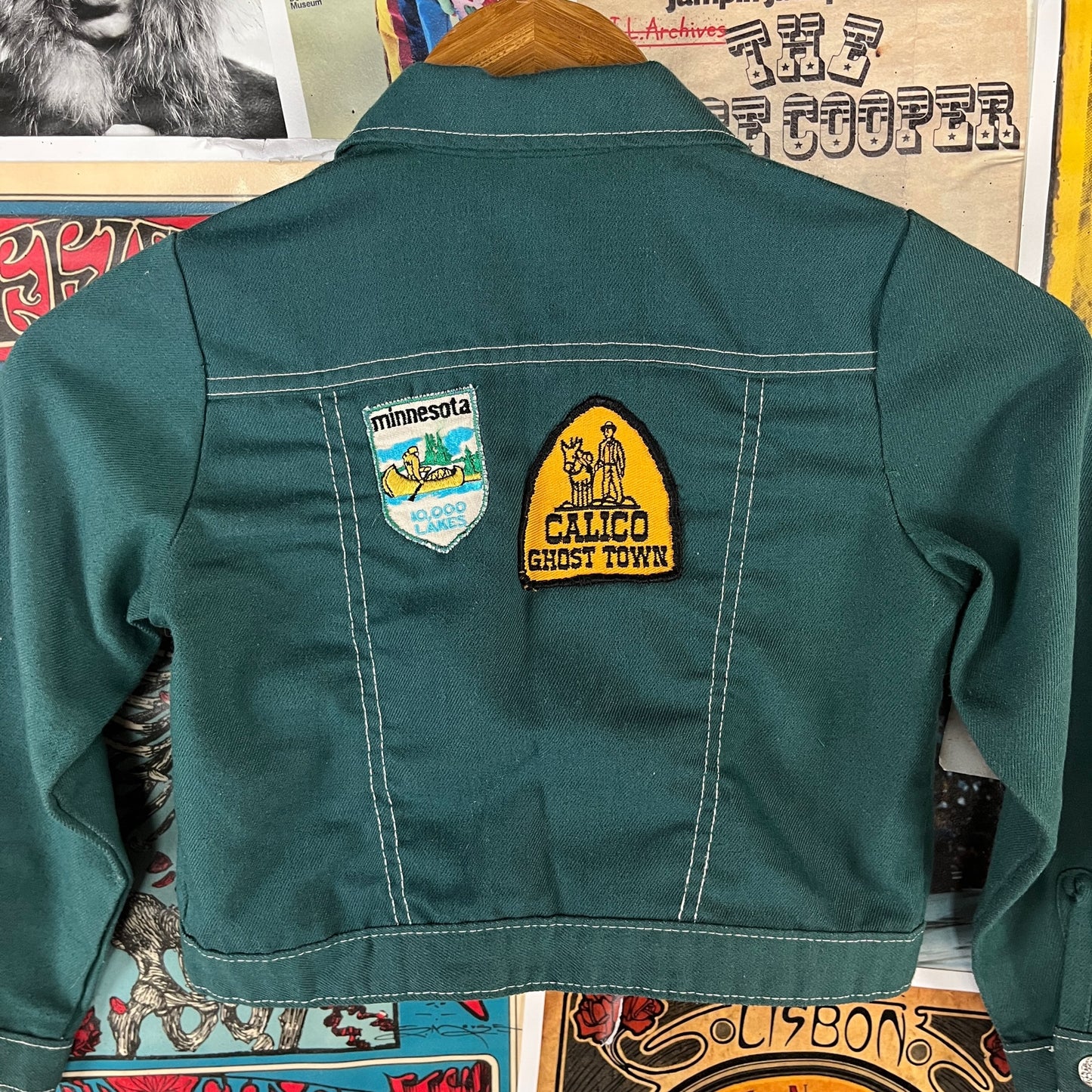 Vintage Kids 70s Green Patches Snap Sears Trucker Jacket Size 6 Ages 5-6