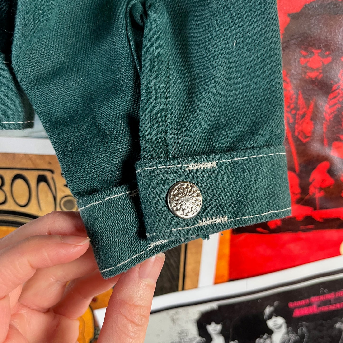 Vintage Kids 70s Green Patches Snap Sears Trucker Jacket Size 6 Ages 5-6