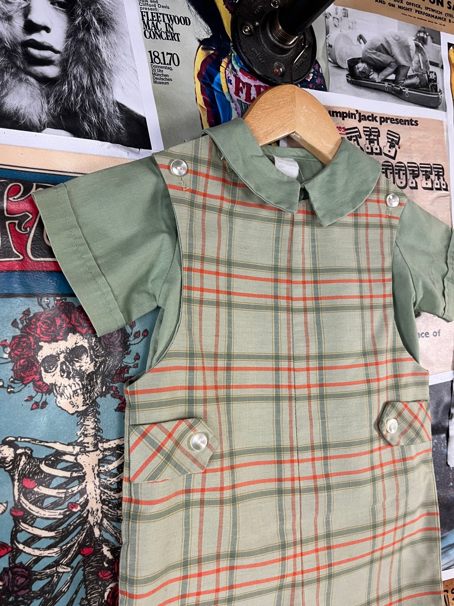 Vintage Baby Boy 60s-70s Green Plaid Shirt Romper Set 18M
