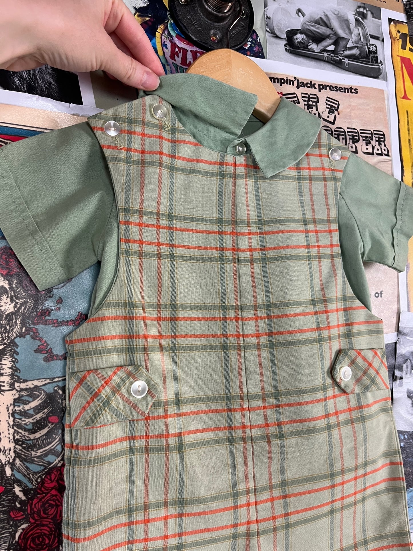 Vintage Baby Boy 60s-70s Green Plaid Shirt Romper Set 18M