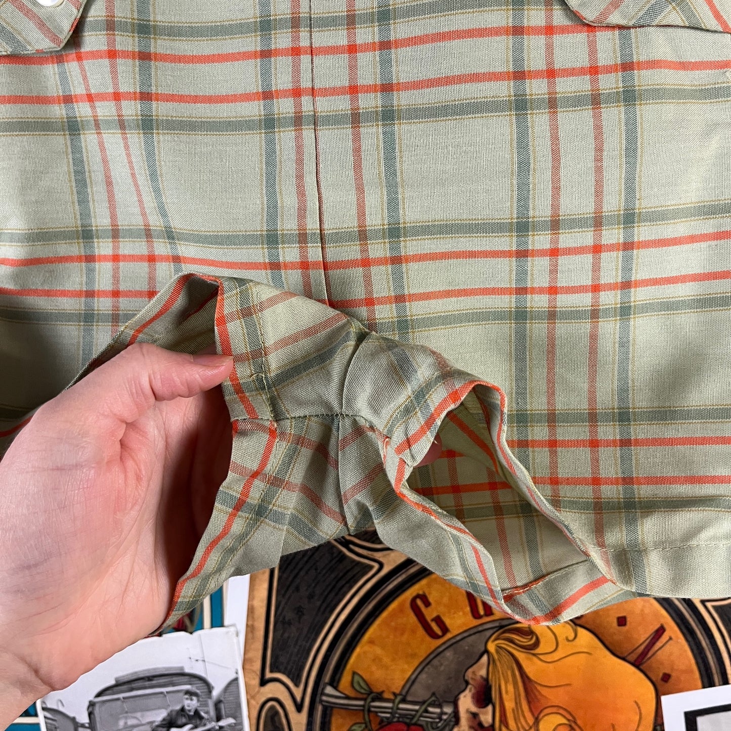 Vintage Baby Boy 60s-70s Green Plaid Shirt Romper Set 18M