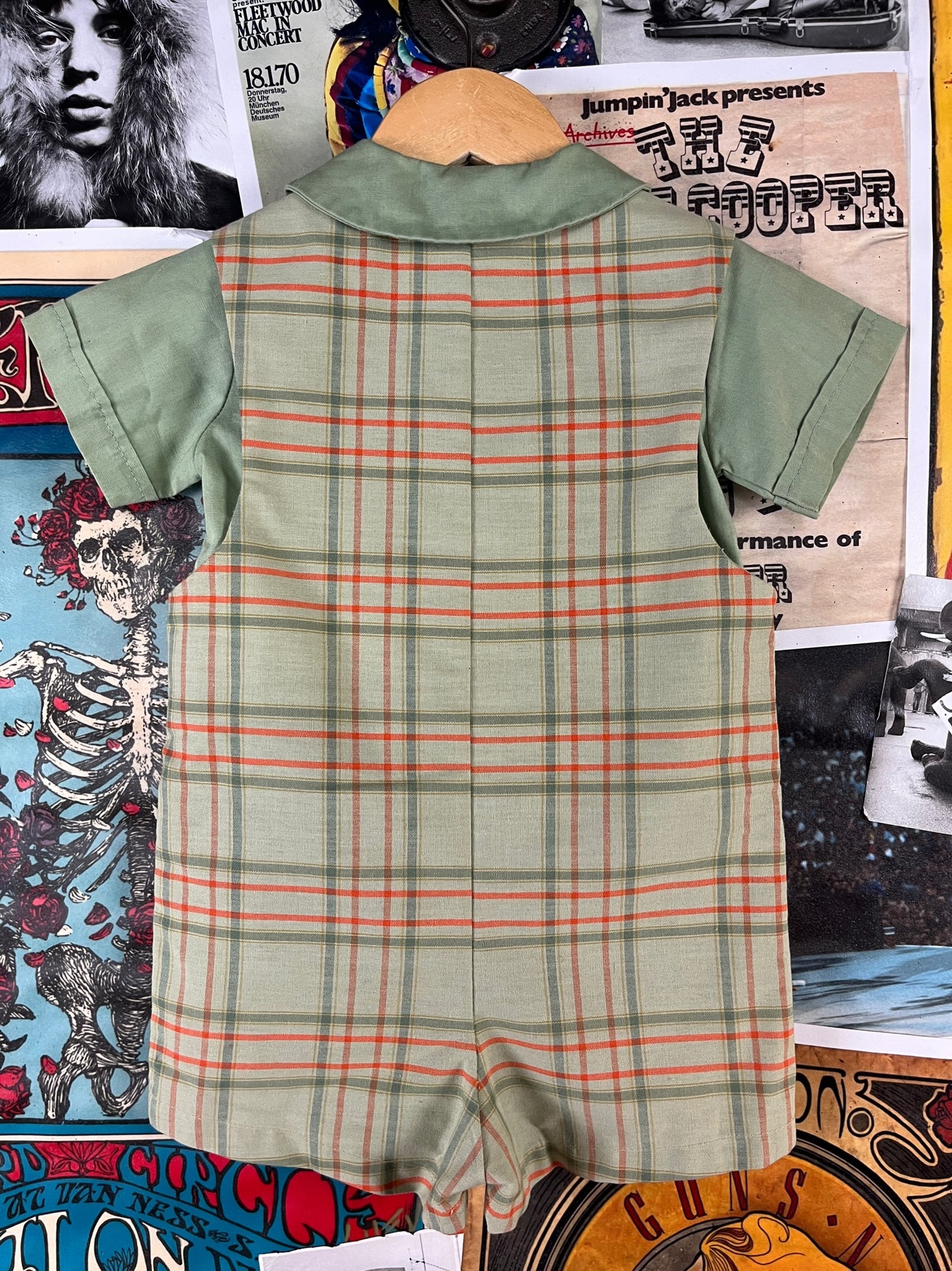 Vintage Baby Boy 60s-70s Green Plaid Shirt Romper Set 18M
