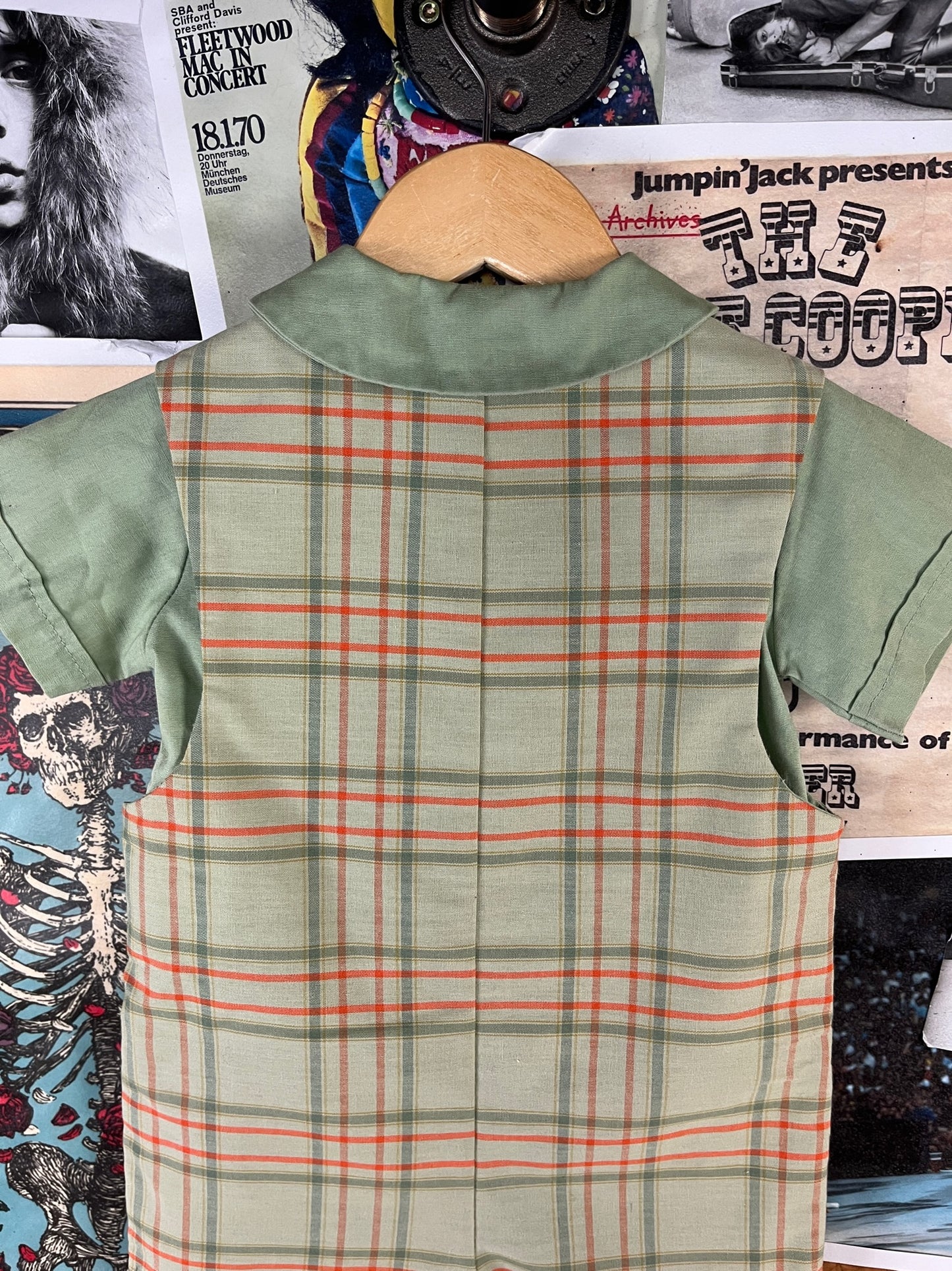 Vintage Baby Boy 60s-70s Green Plaid Shirt Romper Set 18M