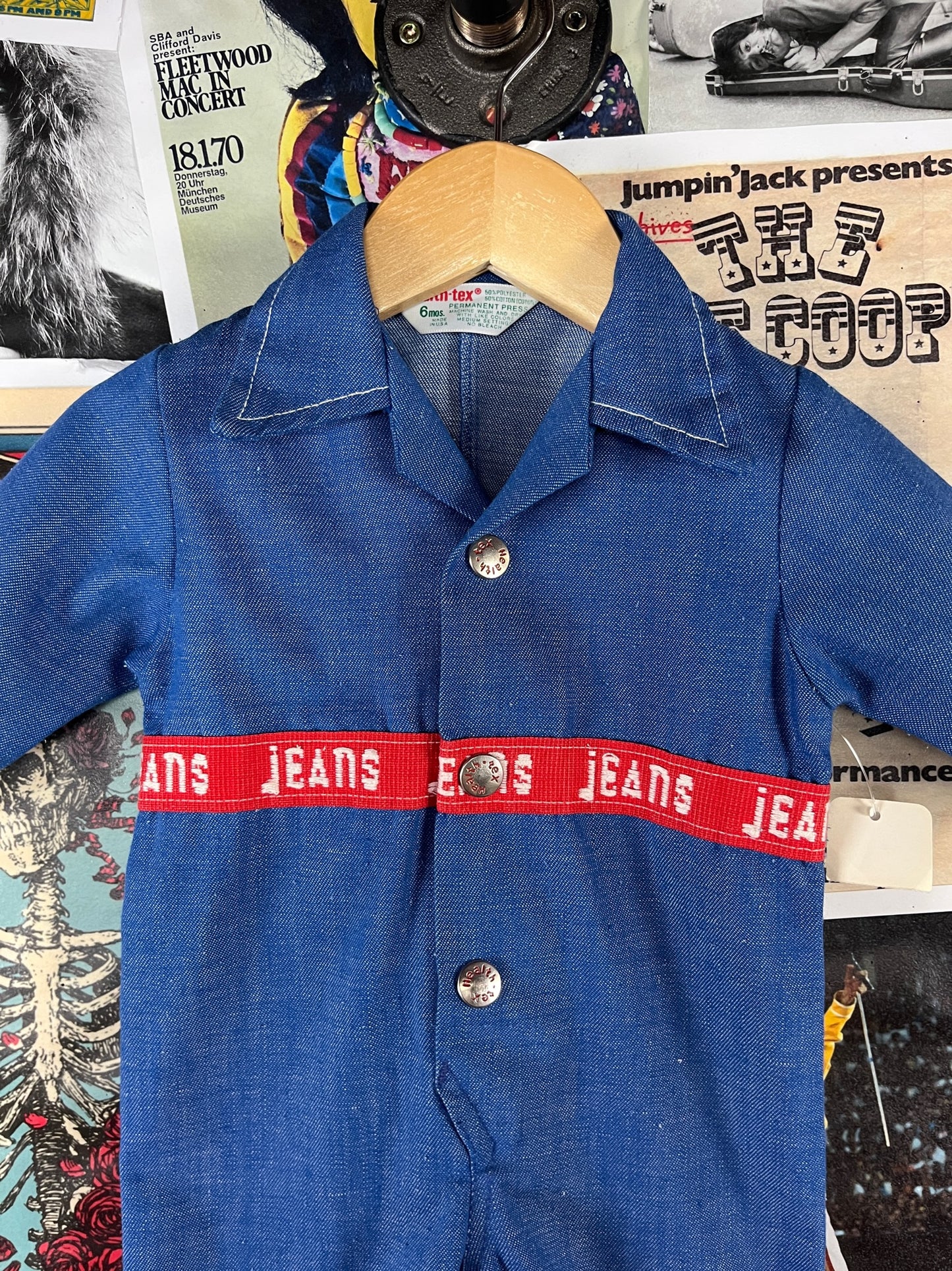 Vintage Baby 70s Blue Red Knit Jeans Health-tex Jumpsuit 6 Months