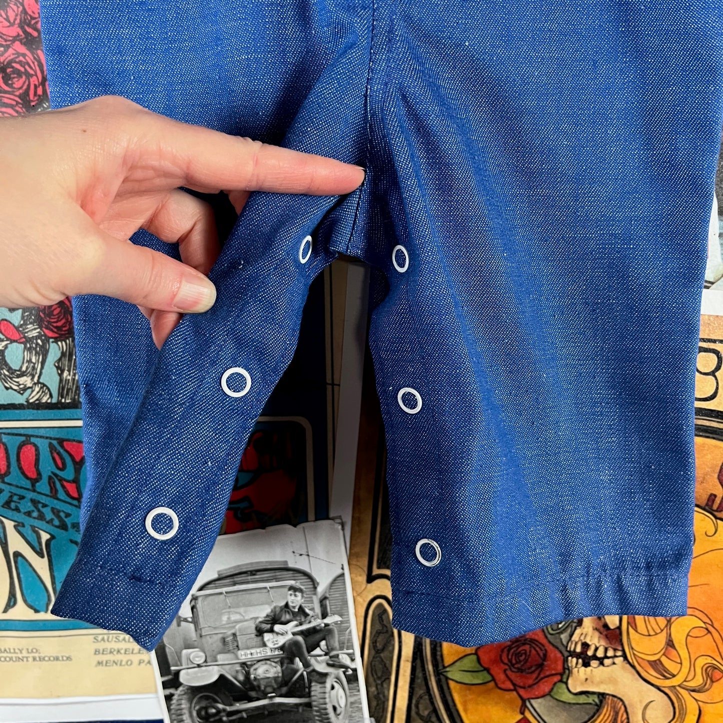 Vintage Baby 70s Blue Red Knit Jeans Health-tex Jumpsuit 6 Months