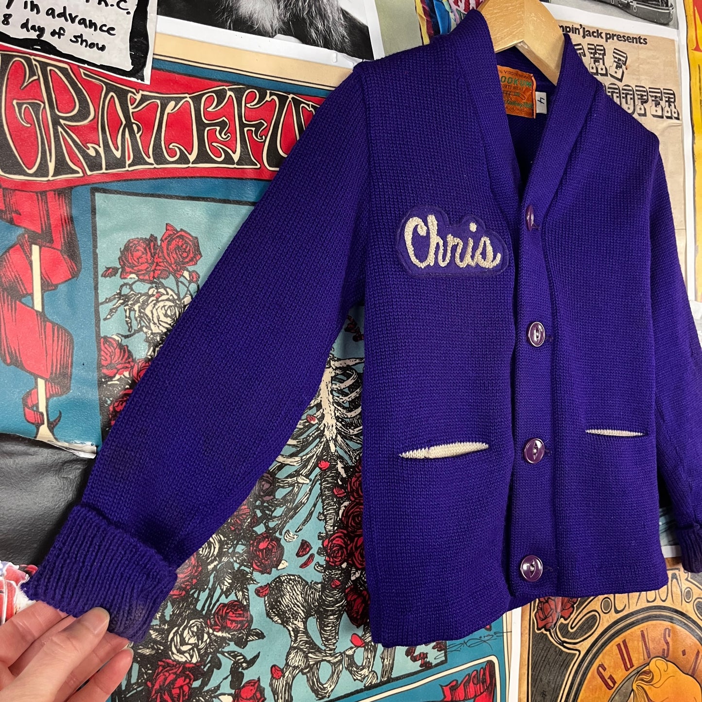 Vintage Boys Kids 70s Purple Skookum Letterman Cardigan Sweater 3T
