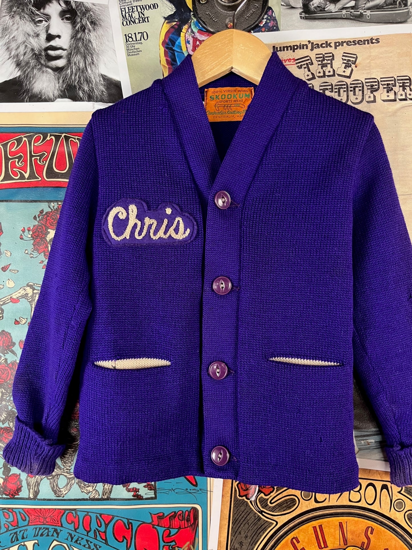 Vintage Boys Kids 70s Purple Skookum Letterman Cardigan Sweater 3T