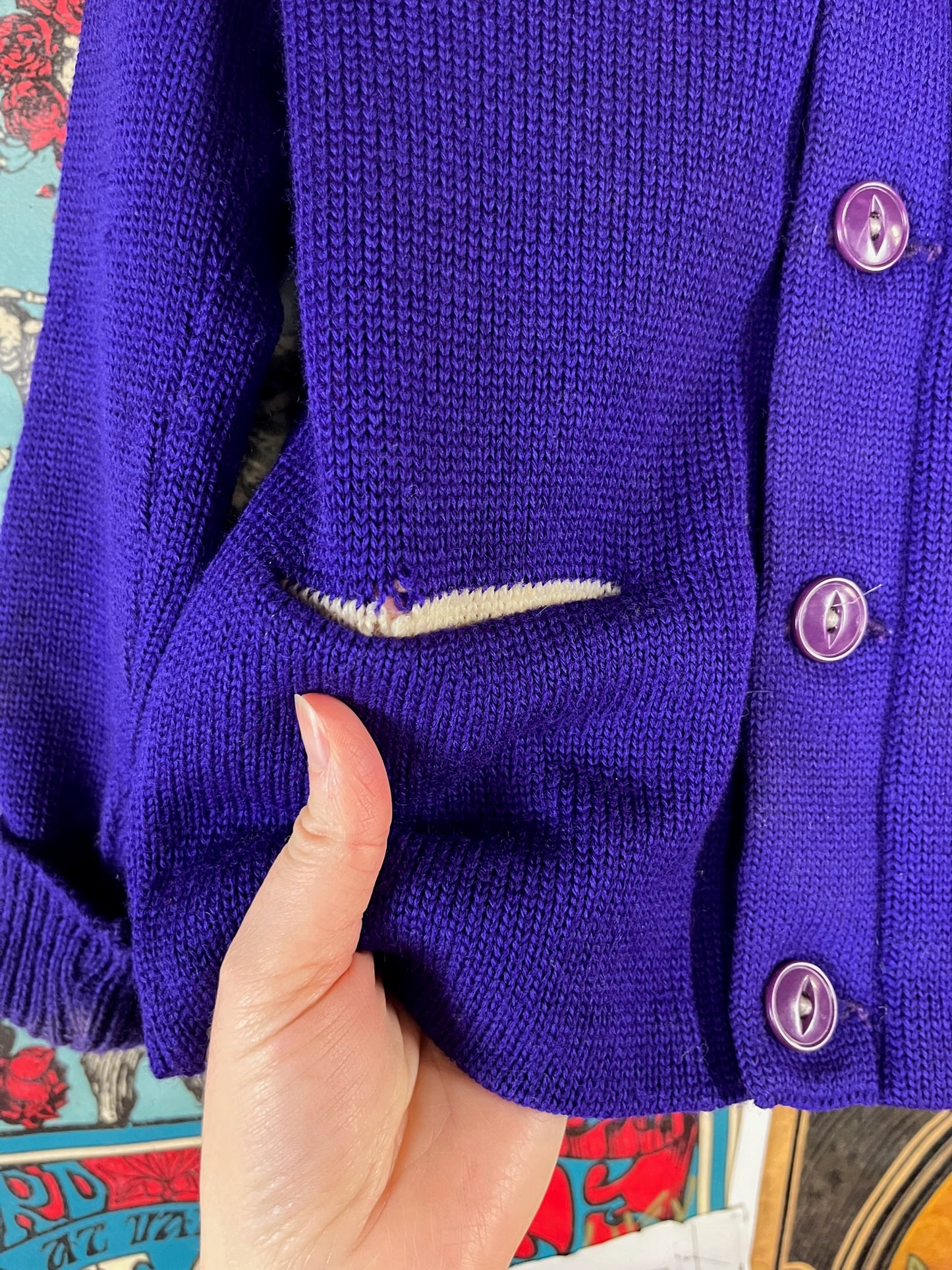 Vintage Boys Kids 70s Purple Skookum Letterman Cardigan Sweater 3T