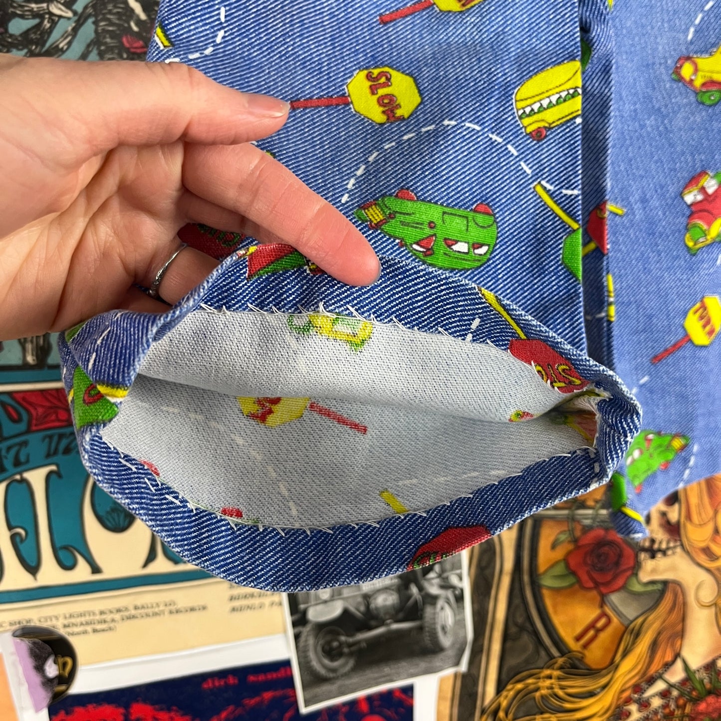 Vintage Baby Kids 70s Blue Car Truck Automotive Signal Signs Novelty Print Elastic Waist Flares Pants 6-9 Months