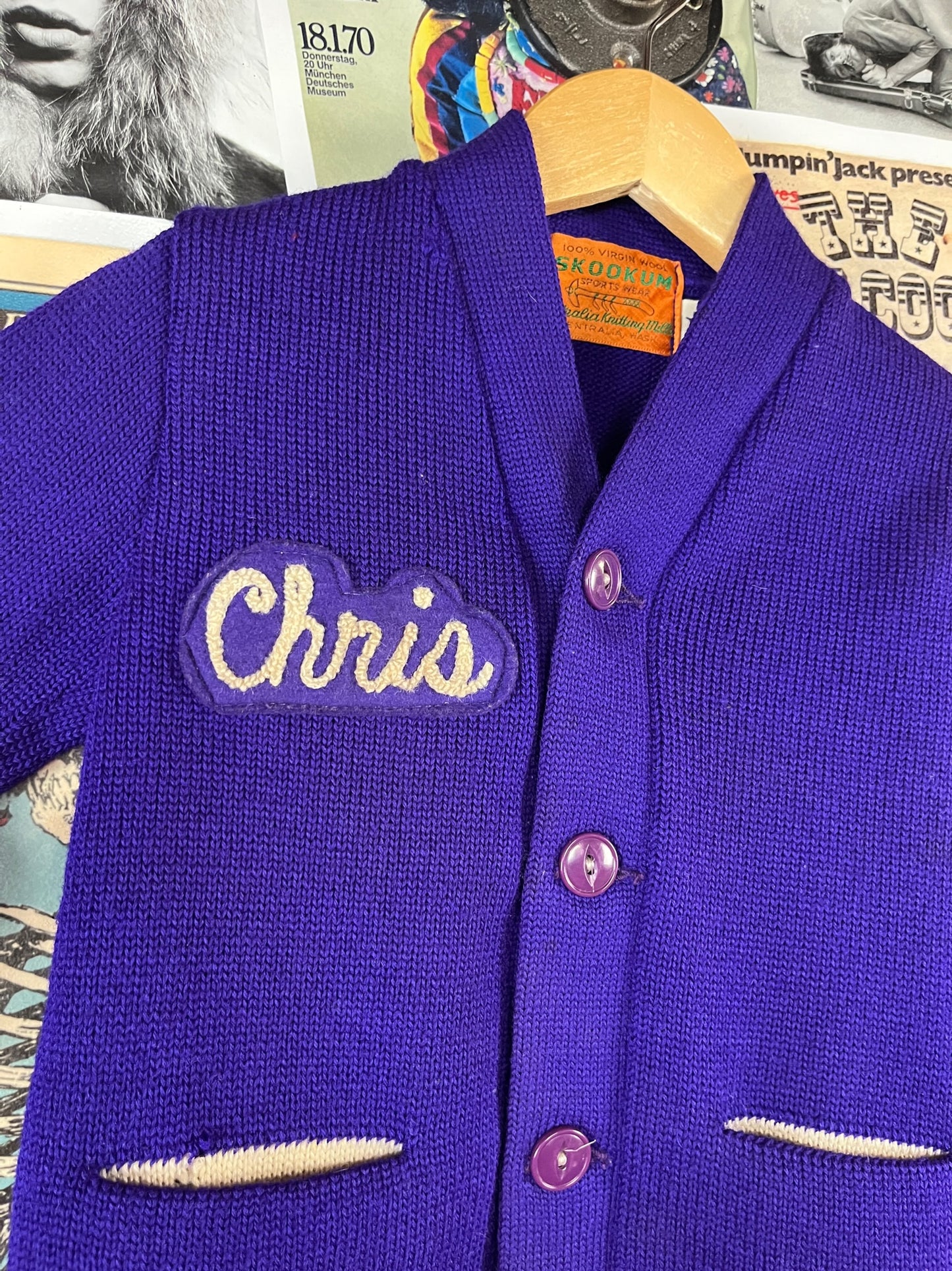 Vintage Boys Kids 70s Purple Skookum Letterman Cardigan Sweater 3T