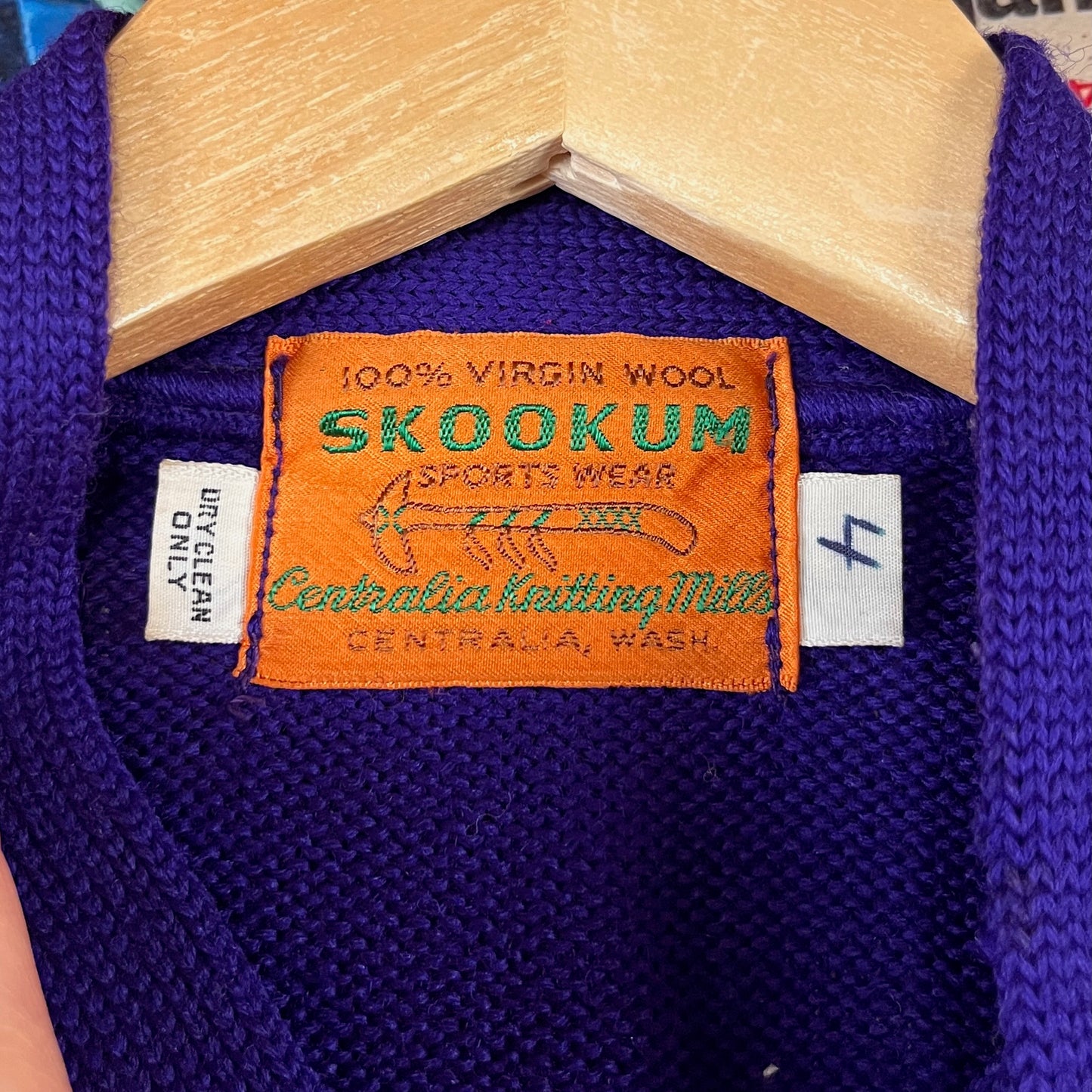 Vintage Boys Kids 70s Purple Skookum Letterman Cardigan Sweater 3T