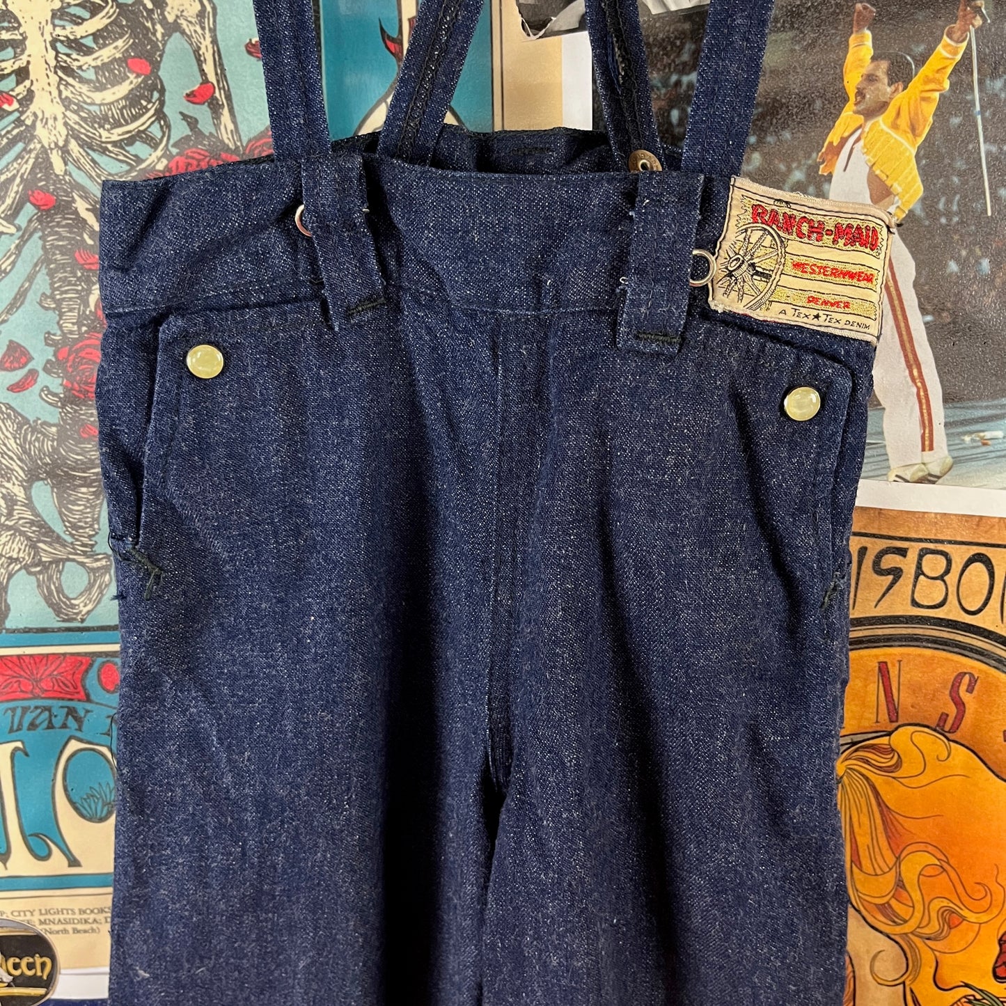 Vintage Toddler 40s-50s Dark Wash Pearl Snap Ranch Maid Westerner Suspender Denim Jeans Ages 4-5