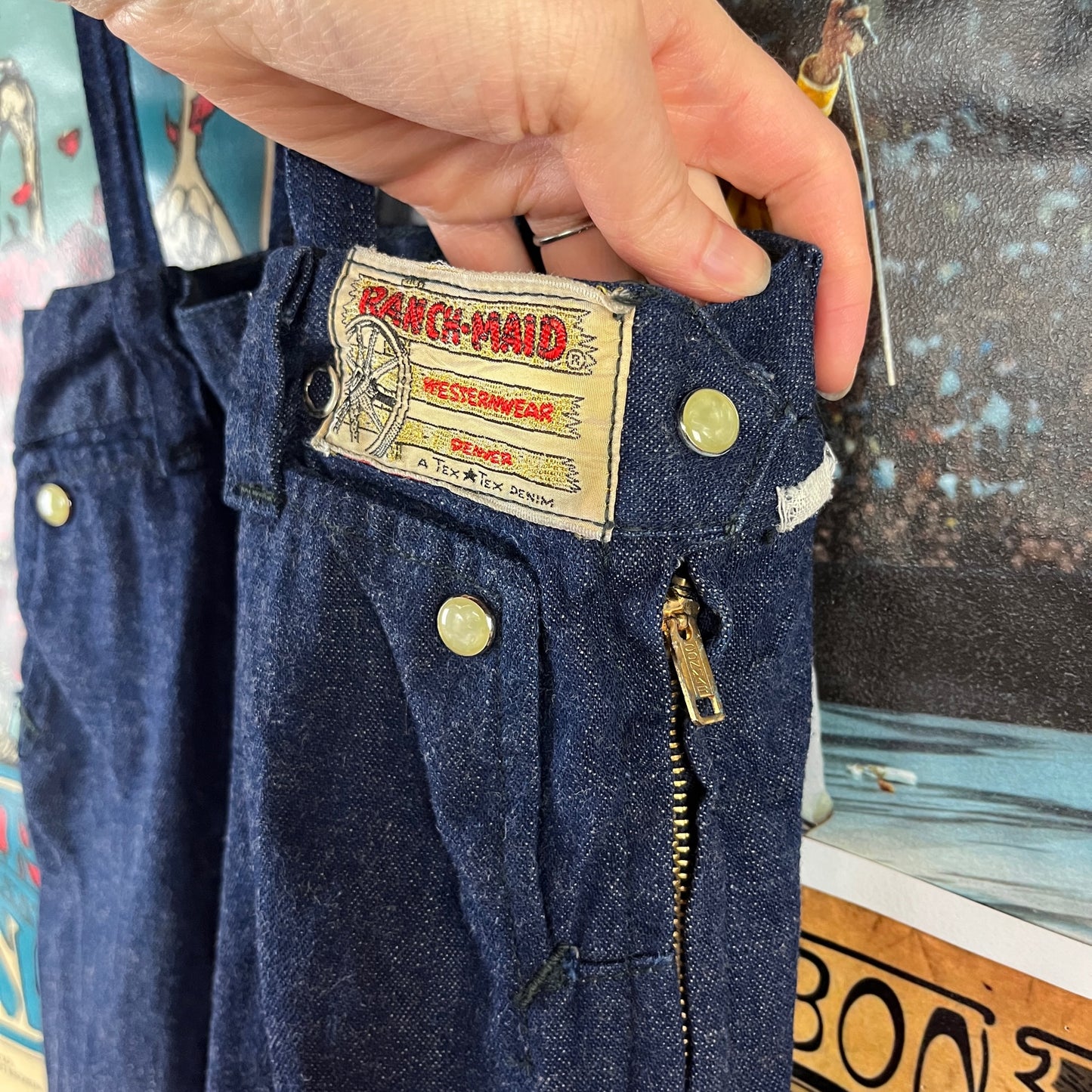 Vintage Toddler 40s-50s Dark Wash Pearl Snap Ranch Maid Westerner Suspender Denim Jeans Ages 4-5