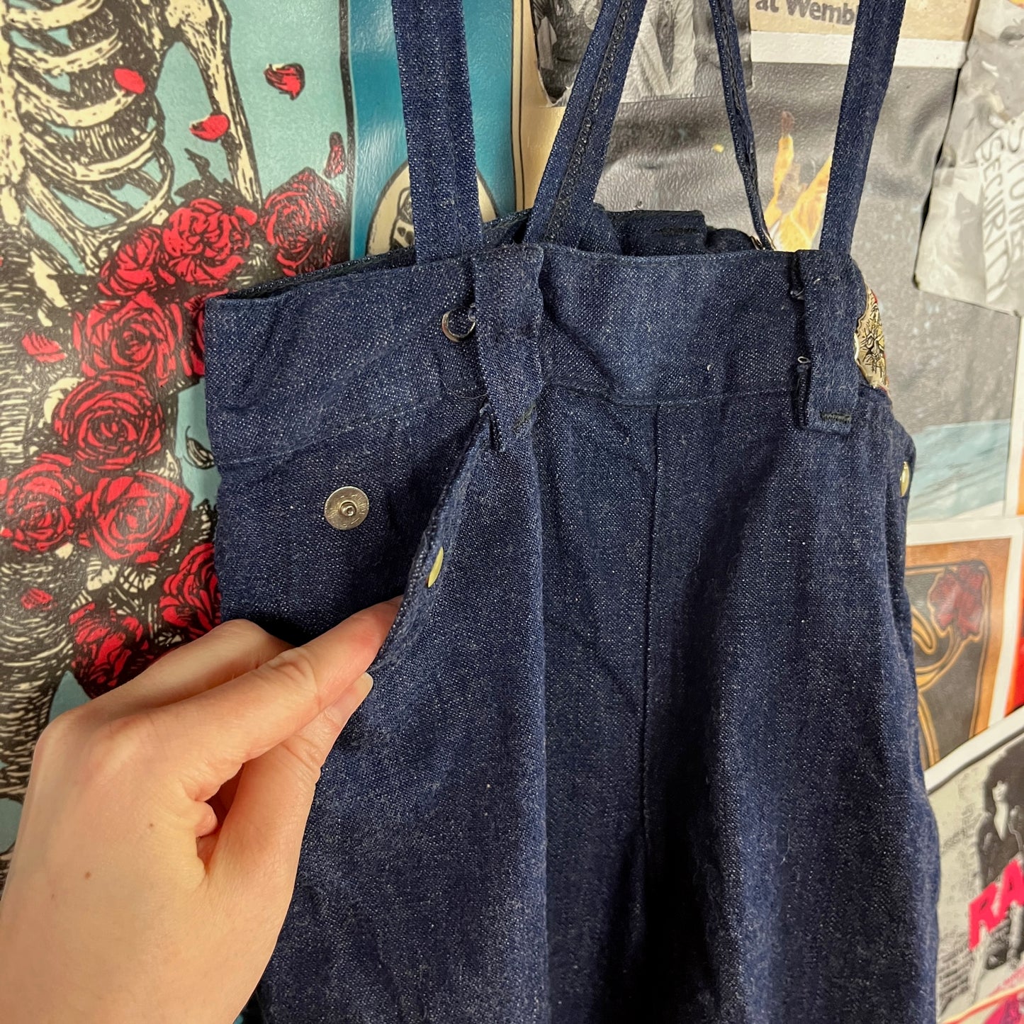 Vintage Toddler 40s-50s Dark Wash Pearl Snap Ranch Maid Westerner Suspender Denim Jeans Ages 4-5