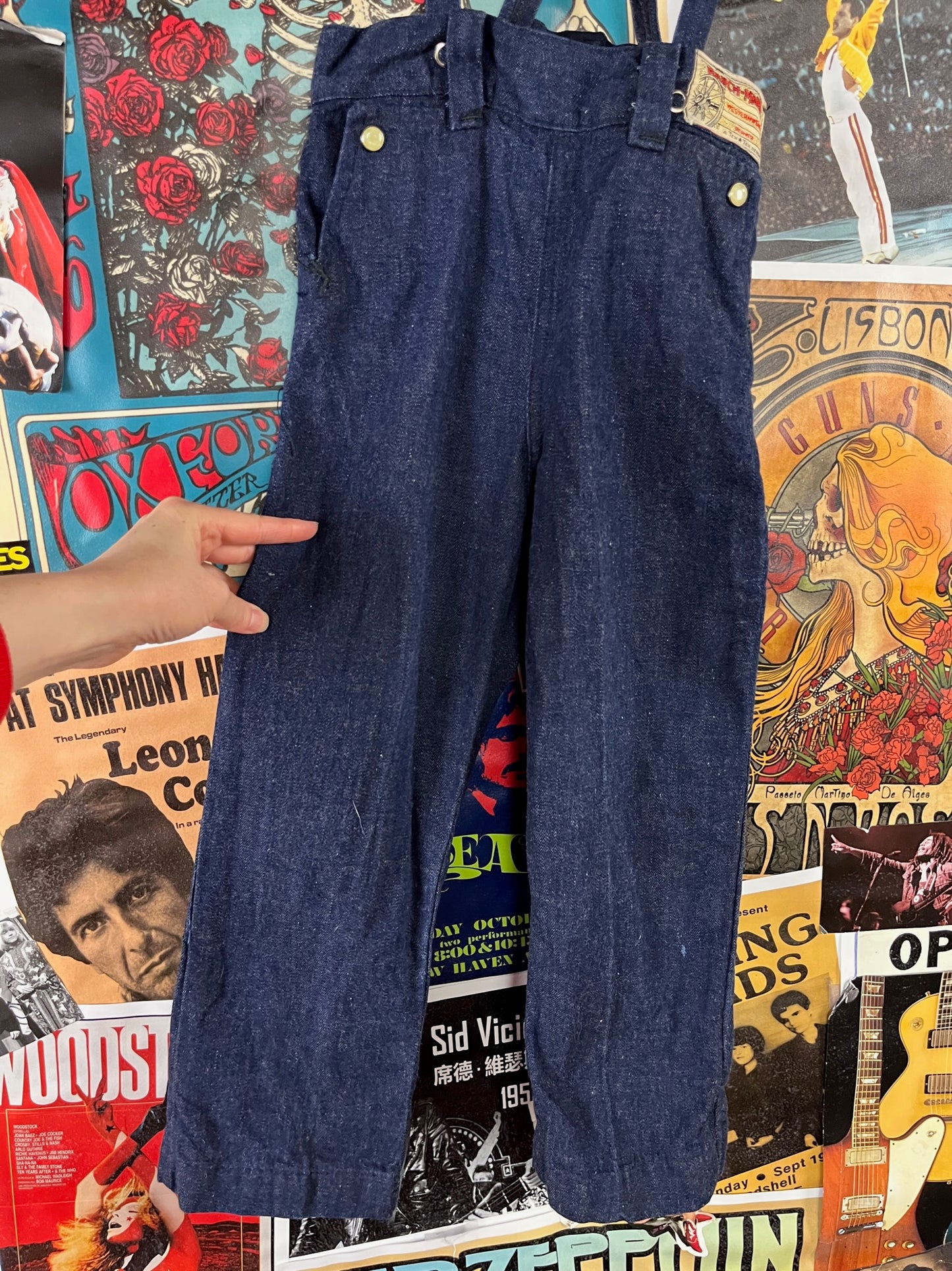 Vintage Toddler 40s-50s Dark Wash Pearl Snap Ranch Maid Westerner Suspender Denim Jeans Ages 4-5
