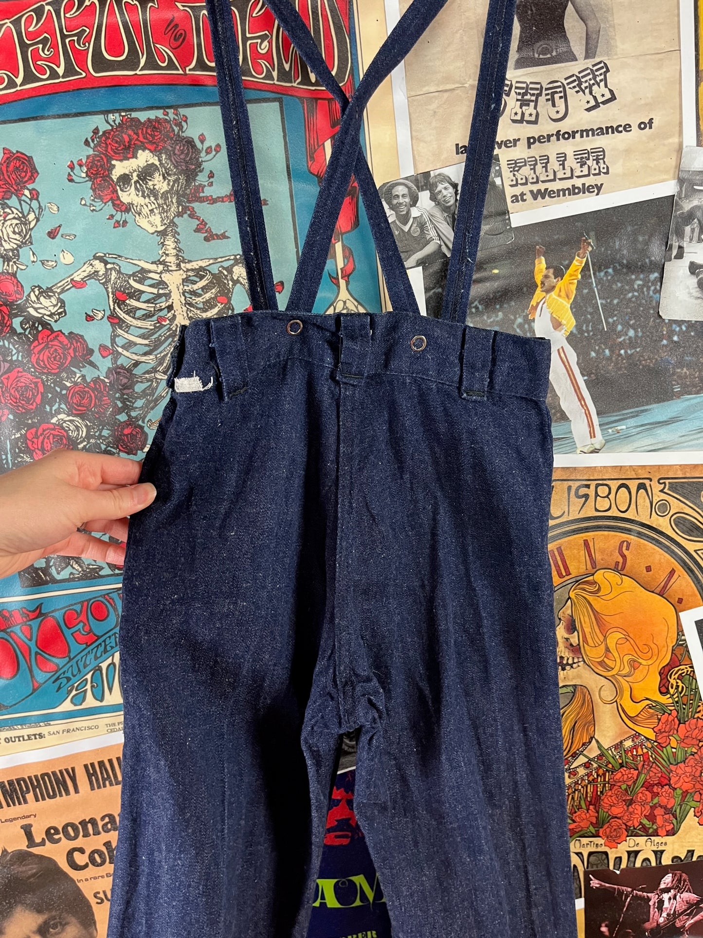 Vintage Toddler 40s-50s Dark Wash Pearl Snap Ranch Maid Westerner Suspender Denim Jeans Ages 4-5