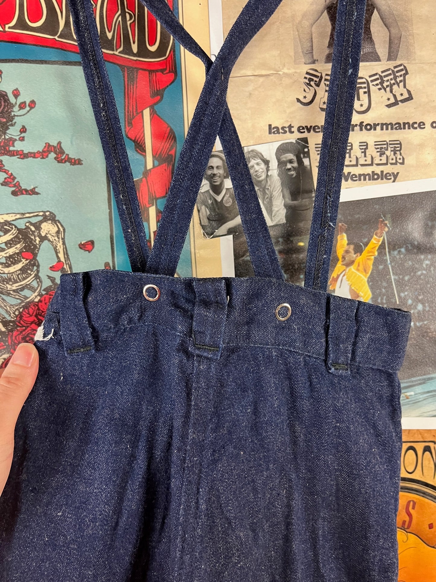 Vintage Toddler 40s-50s Dark Wash Pearl Snap Ranch Maid Westerner Suspender Denim Jeans Ages 4-5