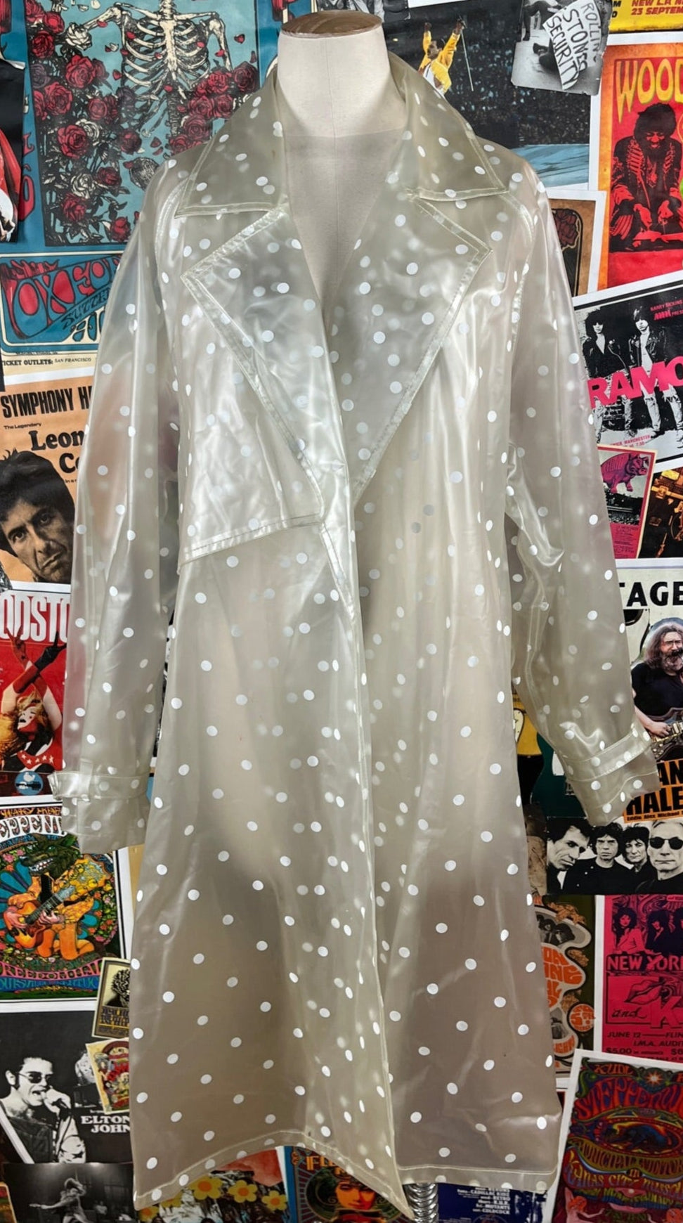 Vintage women's sheer translucent 90s does 60s polka dot print raincoat trench by Nordstrom Brass Plum.
