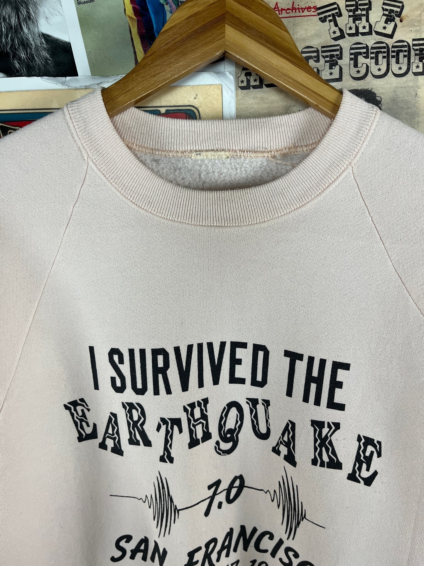 Vintage 80s Pink I Survived the Earthquake San Francisco 1989 California Souvenir Graphic Pullover Crewneck Sweatshirt Adult M/L