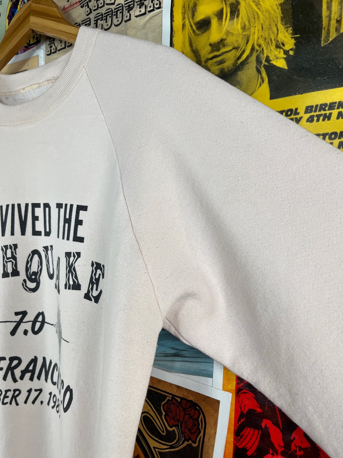 Vintage 80s Pink I Survived the Earthquake San Francisco 1989 California Souvenir Graphic Pullover Crewneck Sweatshirt Adult M/L