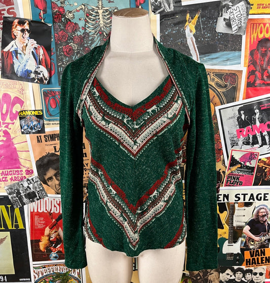 Vintage womens 70s green red and white reindeer holiday bolero style v-neck pullover long sleeve Christmas shirt size x-small.