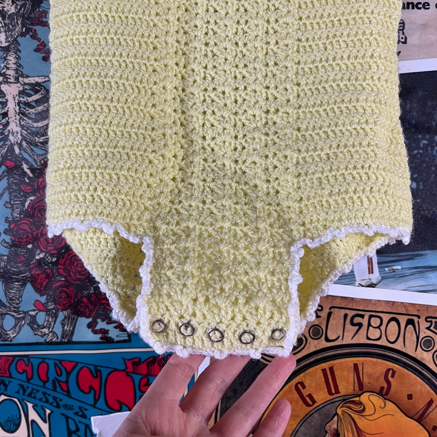 Vintage Baby Girl 60s-70s Yellow Hand Knit Romper Playsuit 9-12M