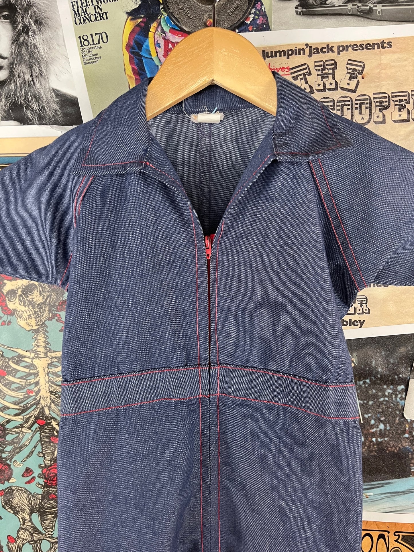 Vintage Toddler Kids Boys Girls Retro 70s Blue Red Short Sleeve Collared Zip Up Flares Jumpsuit 4T