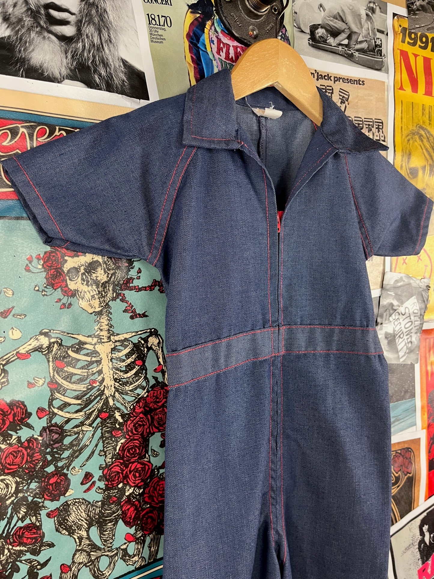 Vintage Toddler Kids Boys Girls Retro 70s Blue Red Short Sleeve Collared Zip Up Flares Jumpsuit 4T