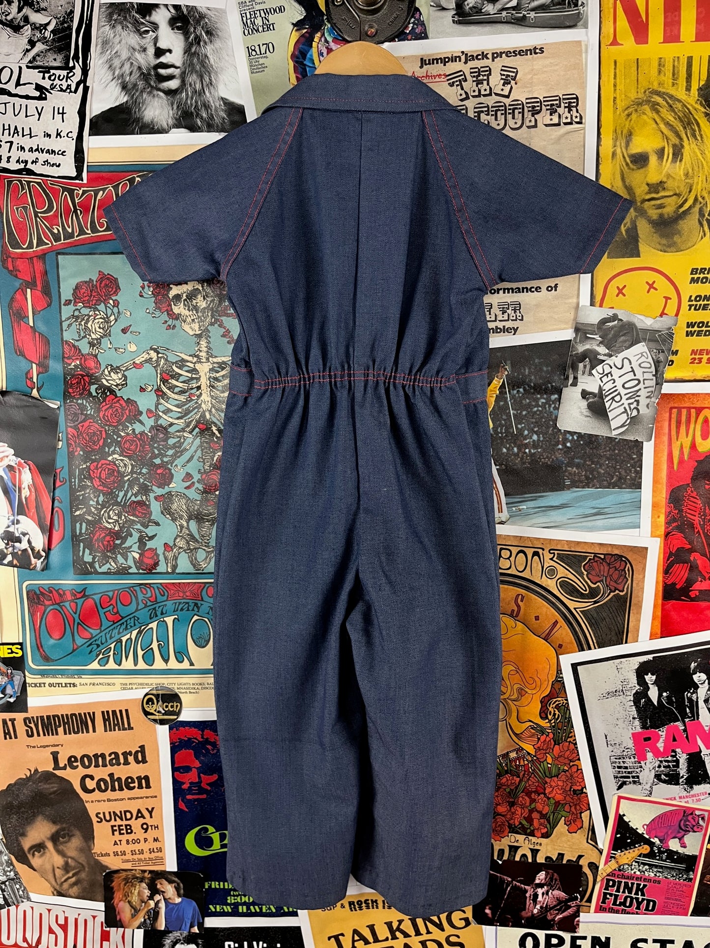 Vintage Toddler Kids Boys Girls Retro 70s Blue Red Short Sleeve Collared Zip Up Flares Jumpsuit 4T