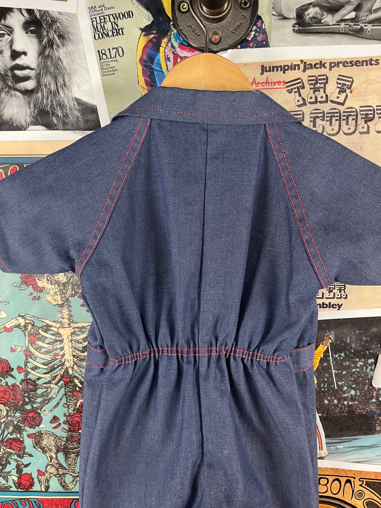 Vintage Toddler Kids Boys Girls Retro 70s Blue Red Short Sleeve Collared Zip Up Flares Jumpsuit 4T