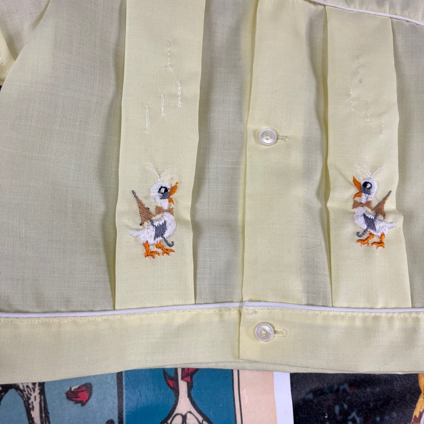 Vintage Baby Boy 50s-60s Yellow Embroidered Duck Playsuit Set 6-9M