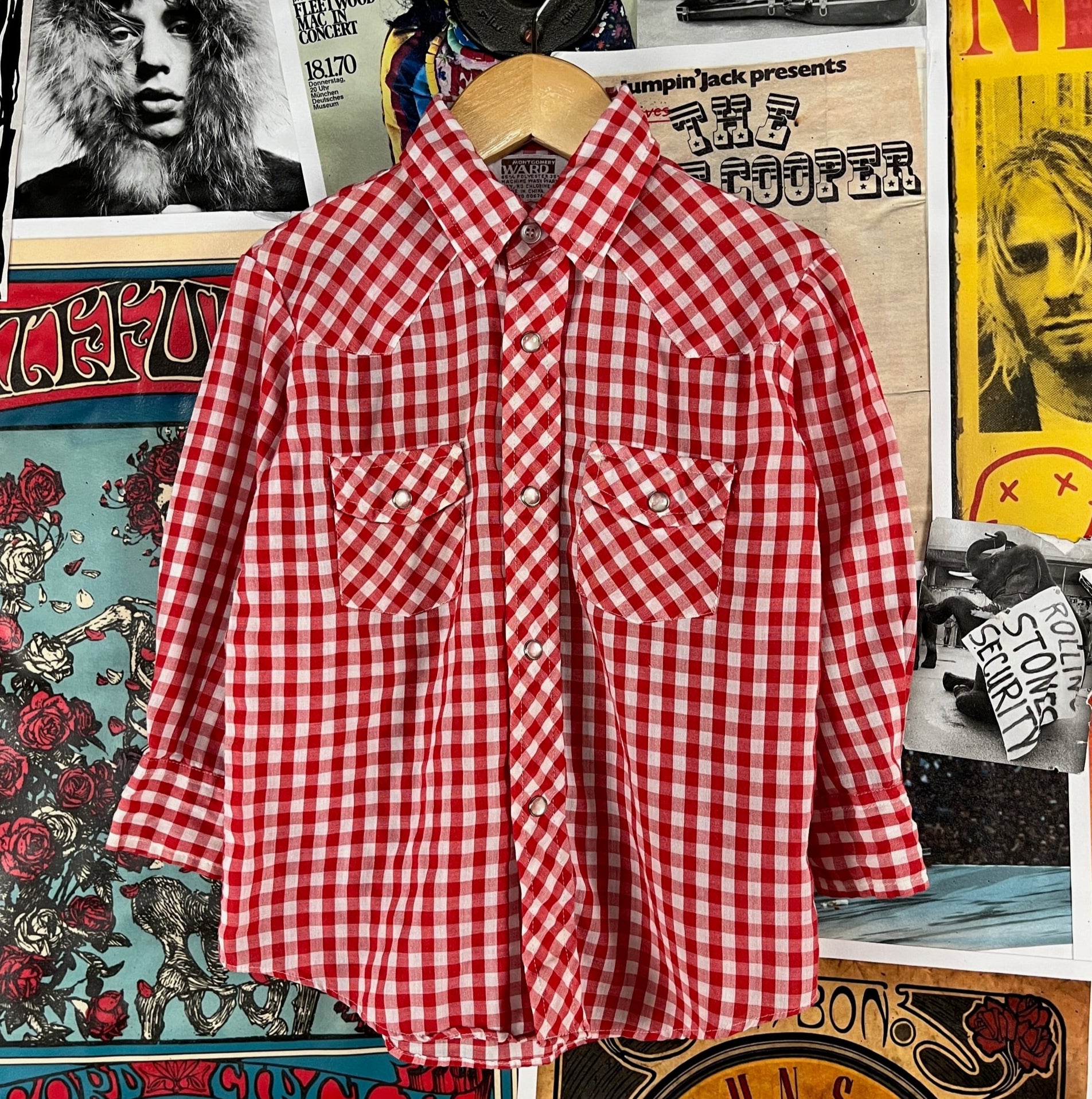 Vintage toddler boys kids 80s red gingham plaid pearl snap rockabilly western button up shirt 4T.