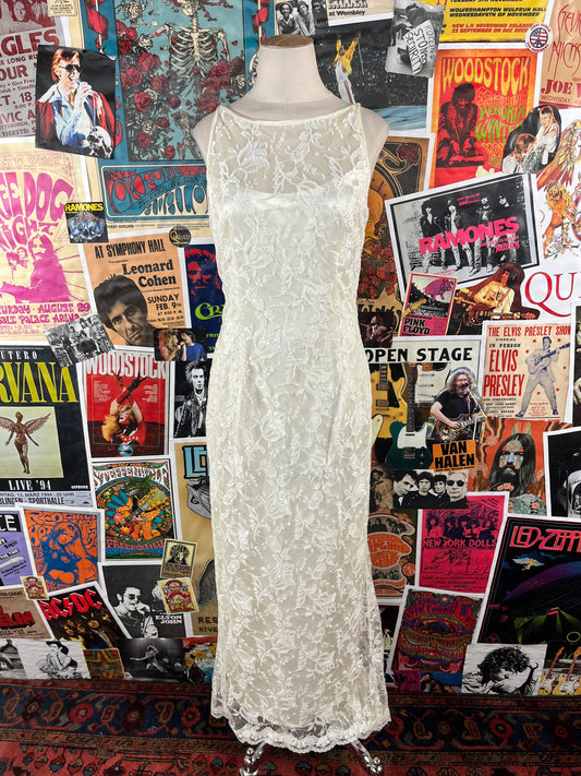 Vintage Womens 90s Ivory White Floral Lace Beaded Strap Sleeveless Backless Boatneck Scott McClintock Wedding Evening Prom Dress XS
