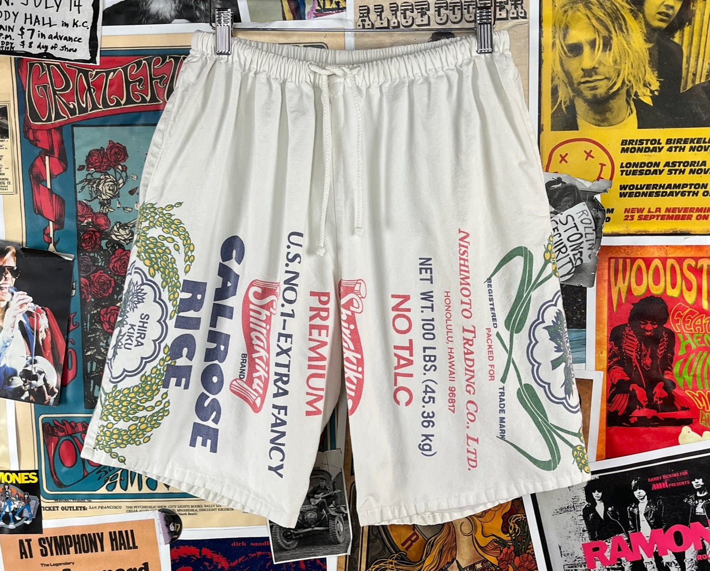 Vintage calrose rice cotton sack novelty print shorts.