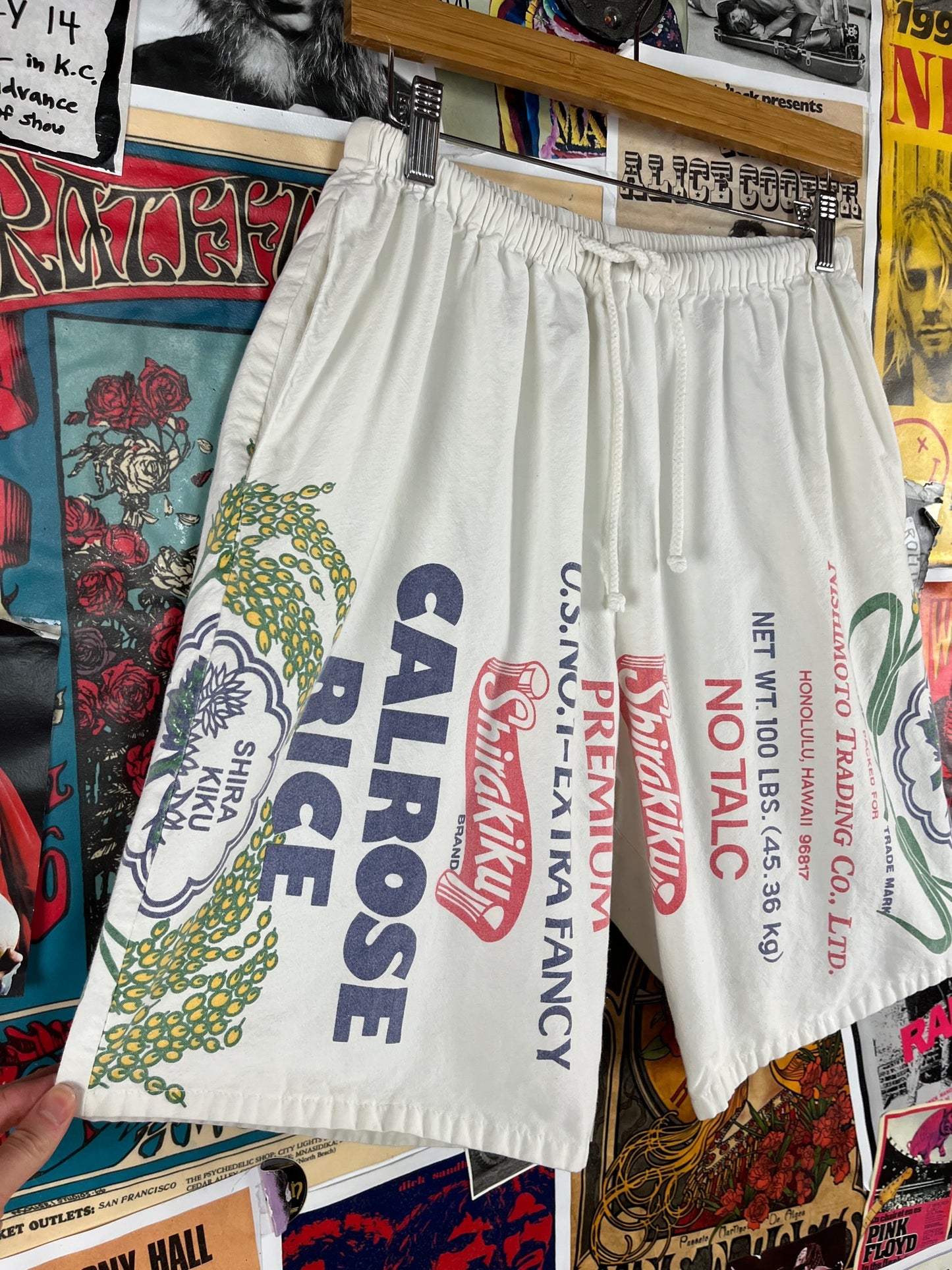Vintage Hawaiian Shirakiku Calrose Rice Bag Cotton Drawstring Elastic Graphic Novelty Print Shorts