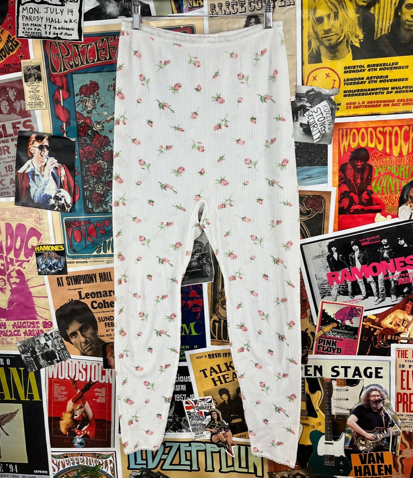 Vintage womens 90s white pink floral rose buds print elastic waist thermal long john underwear by Hanes size M/L.