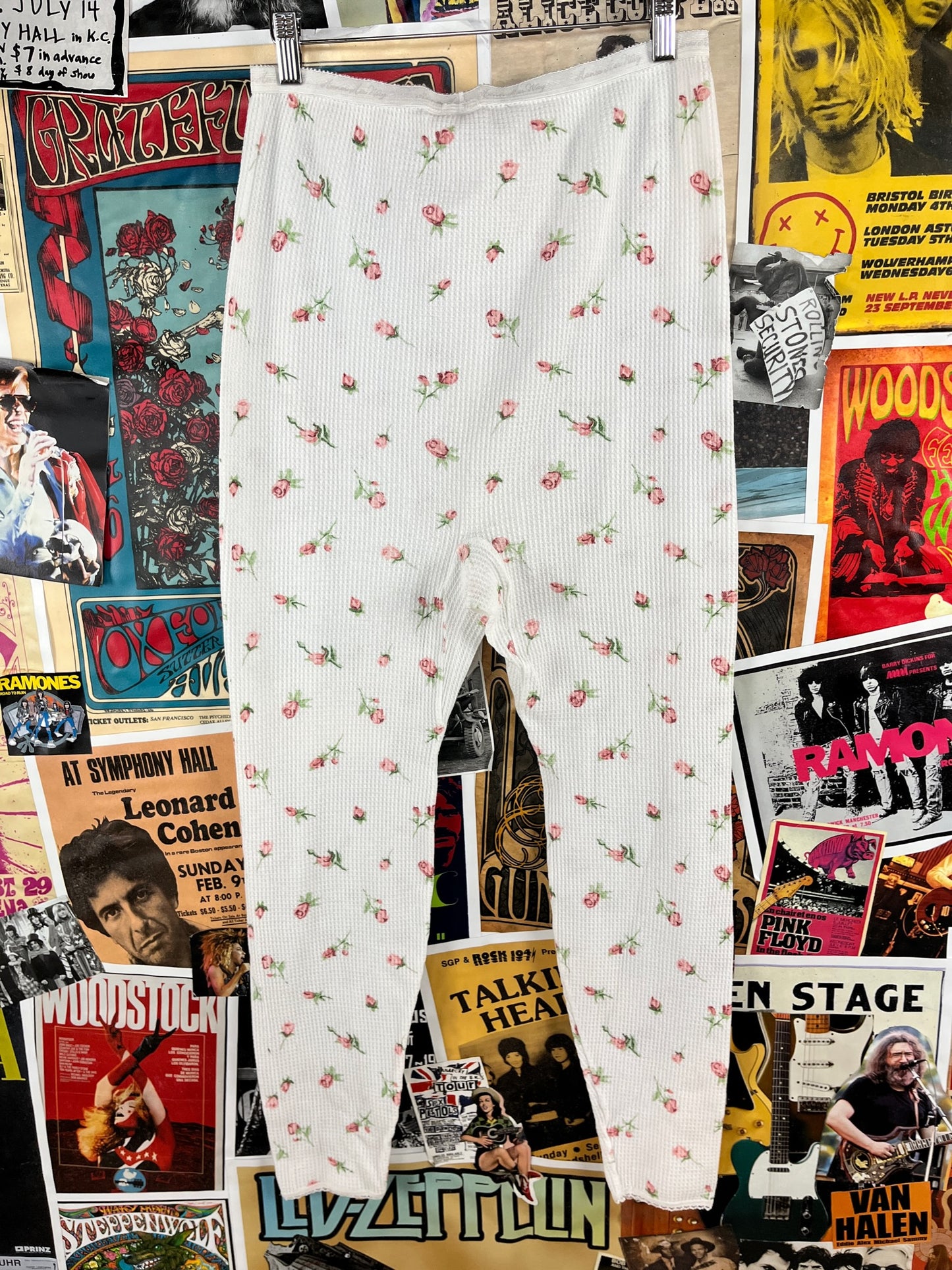 Vintage Women's 90s White Pink Floral Rose Buds Waffle Thermal Hanes Long John Loungewear Pants