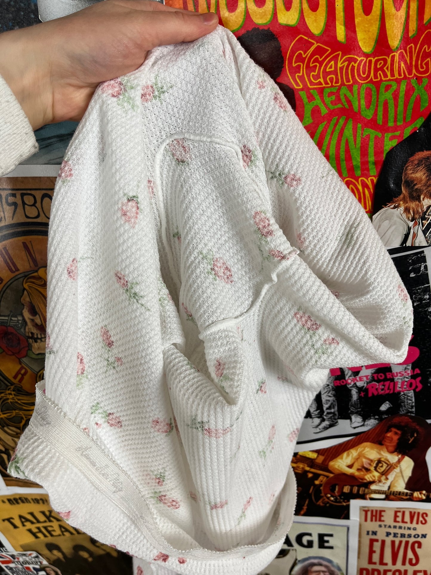 Vintage Women's 90s White Pink Floral Rose Buds Waffle Thermal Hanes Long John Loungewear Pants