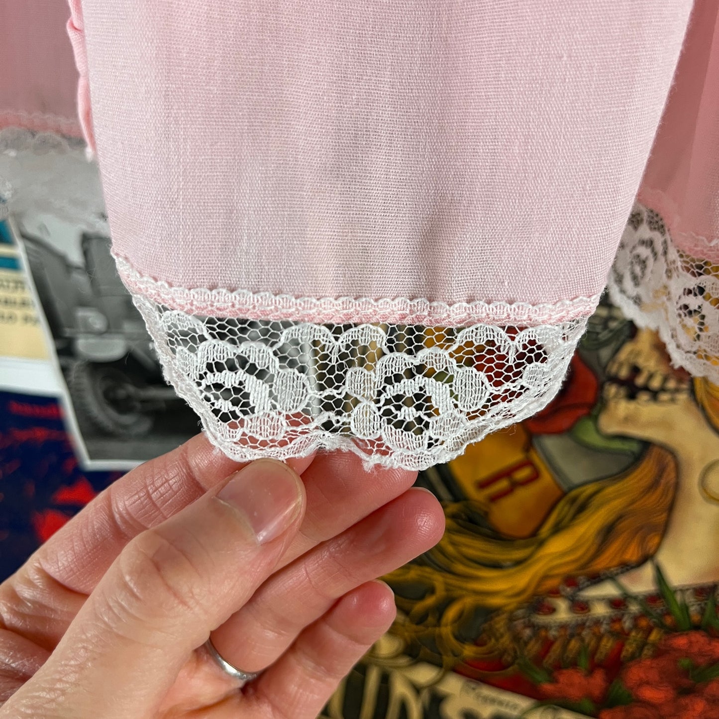 Vintage Toddler Girls Kids 70s Pink Smocked Lace Trim Collared Short Puff Sleeve Sears Dress Size 4T Age 3-4